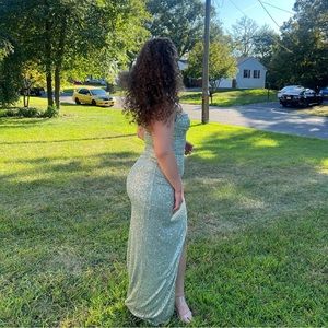 Sage Green Sparkly Sequenced Spaghetti Strap Floor Length High Slit Formal Dress